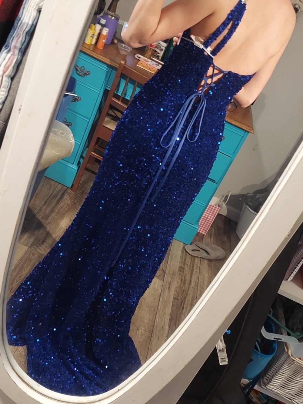 Royal Blue Sequin Lace-Up Back Evening Gown